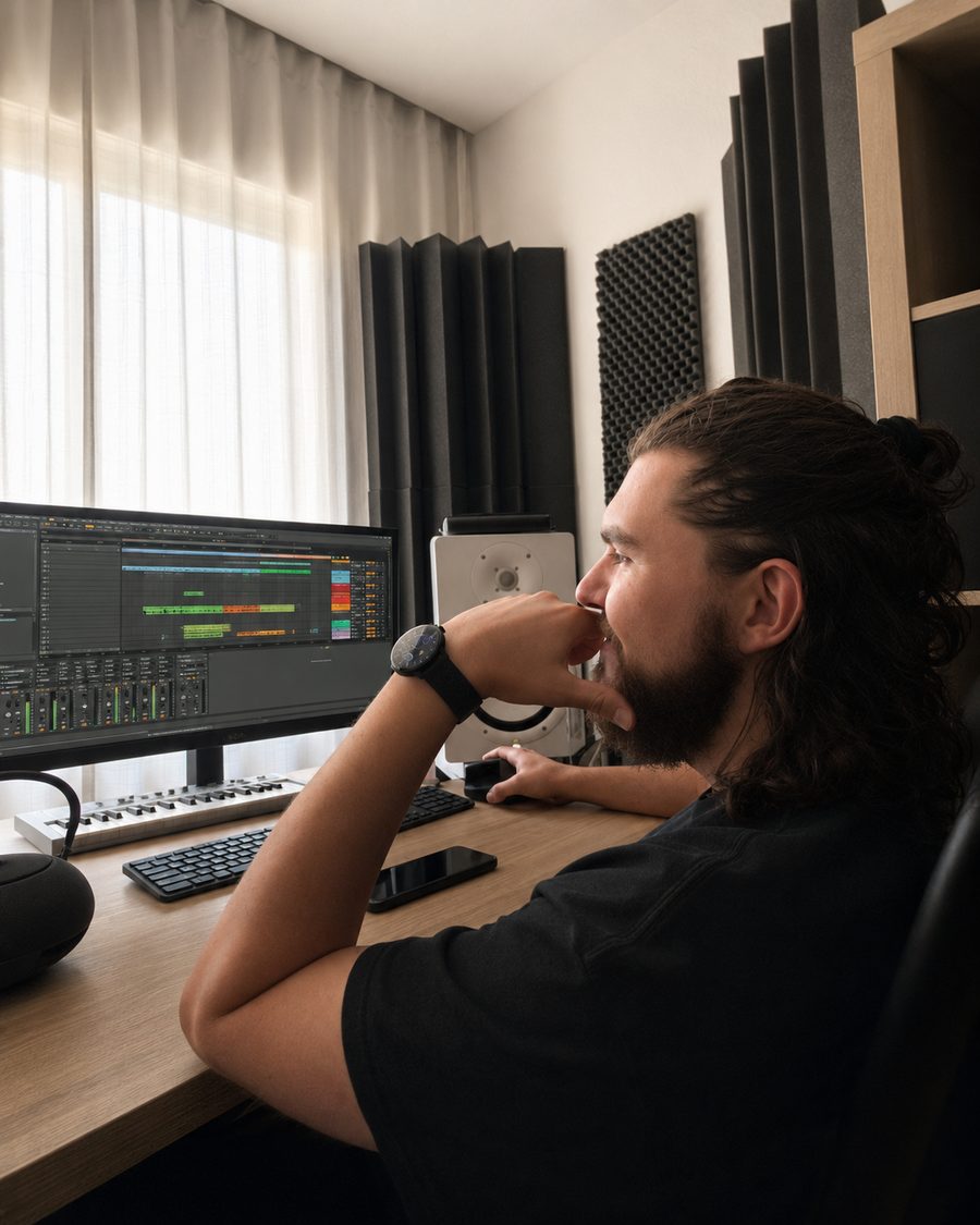 Jérôme dans son studio, en train de travailler un mix
